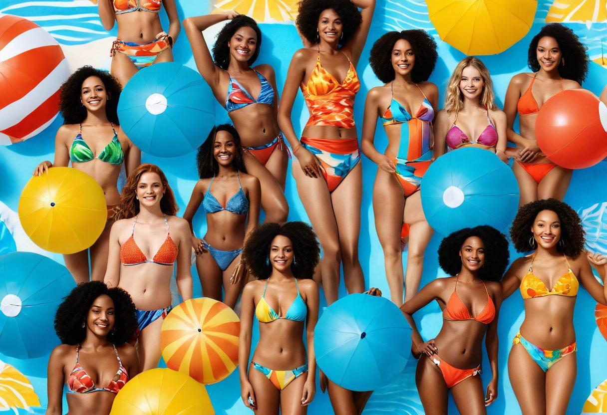 A vibrant beach scene showcasing a diverse group of individuals confidently wearing stylish swimwear that flatters every body shape. The background features golden sands, sparkling blue waves, and colorful beach umbrellas. Each person radiates joy and self-assurance, embodying body positivity. The sunlight casts a warm glow, highlighting the trendy patterns and colors of the swimwear. Include elements like beach balls and flip-flops to enhance the summery vibe. super-realistic. vibrant colors. sunny atmosphere.
